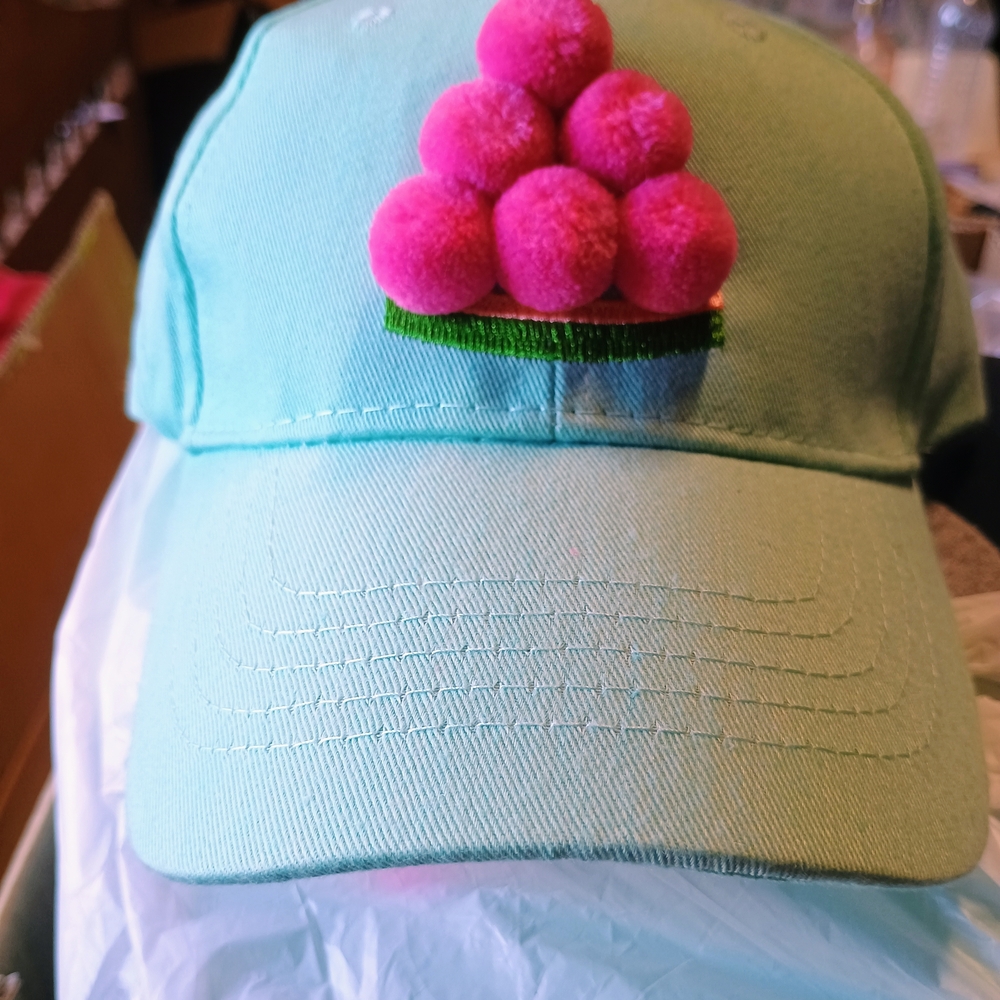 Ladies Teal Cap with Pink Pom-Poms